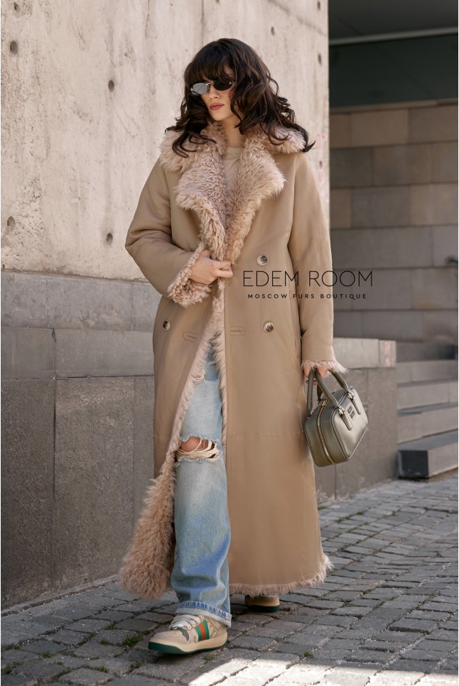 удлиненная шуба - дублёнка из тиградо