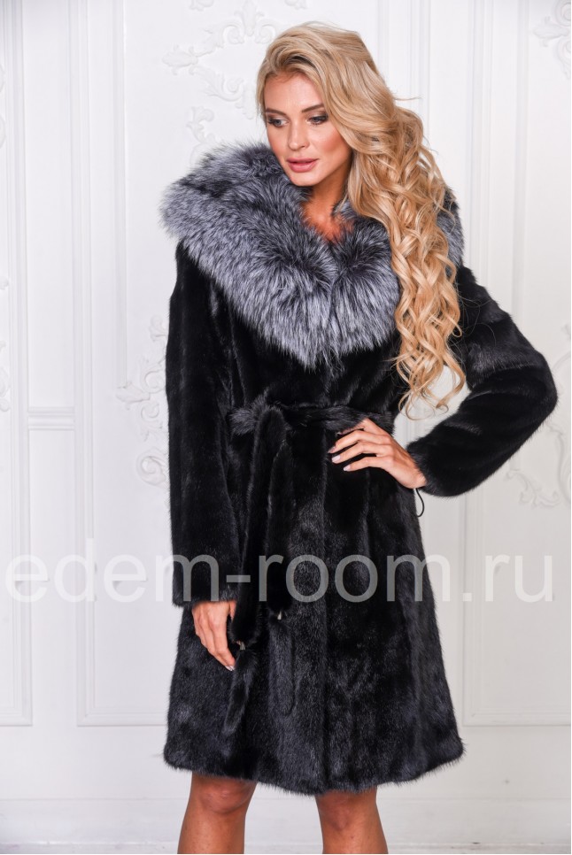 Шуба из норки под пояс, цвет черный