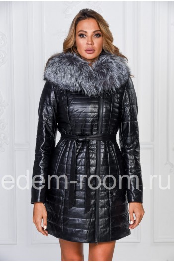 Зимнее кожаное пальто с мехом чернобурки