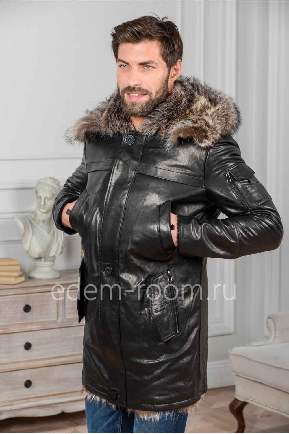 Кожаная куртка с подкладкой из меха тосканы