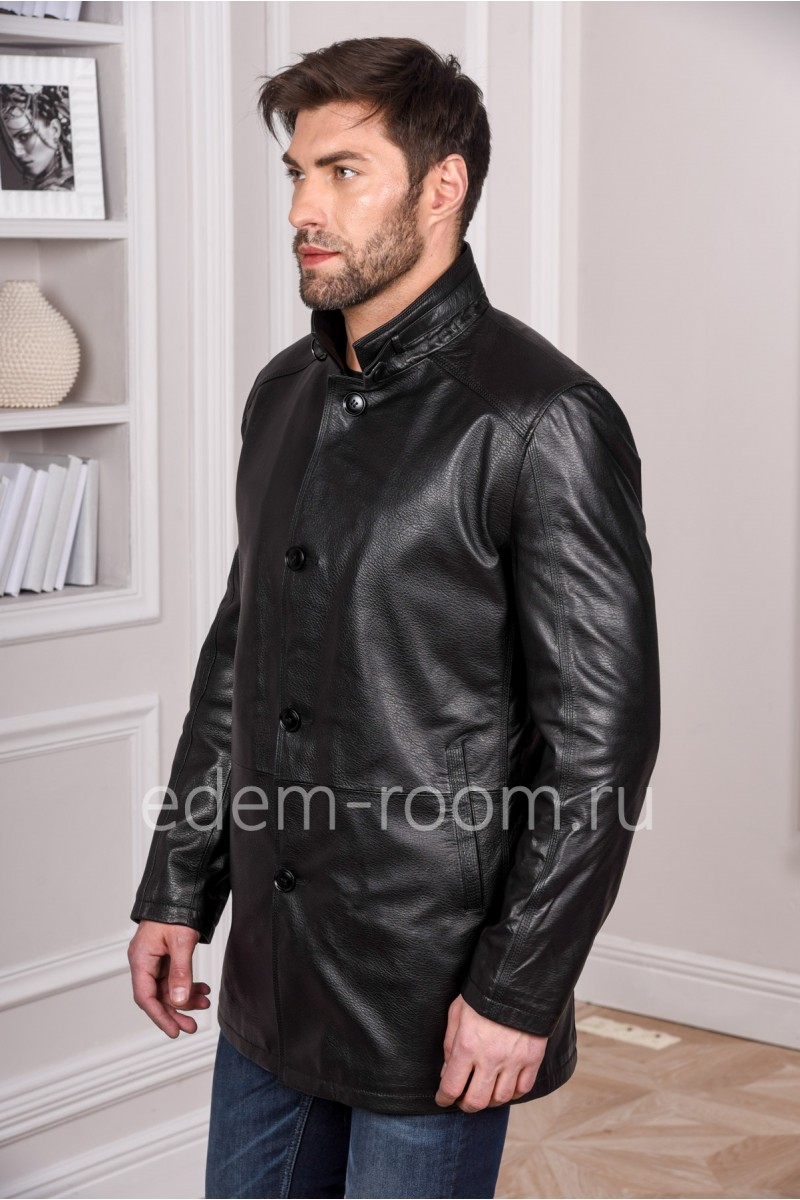 Удлиненная мужская куртка из натуральной кожи черного цвета
