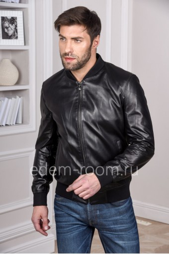 Мужская черная куртка из натуральной кожи на резинке