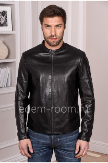 Черная мужская куртка кожаная короткая из натуральной турецкой кожи