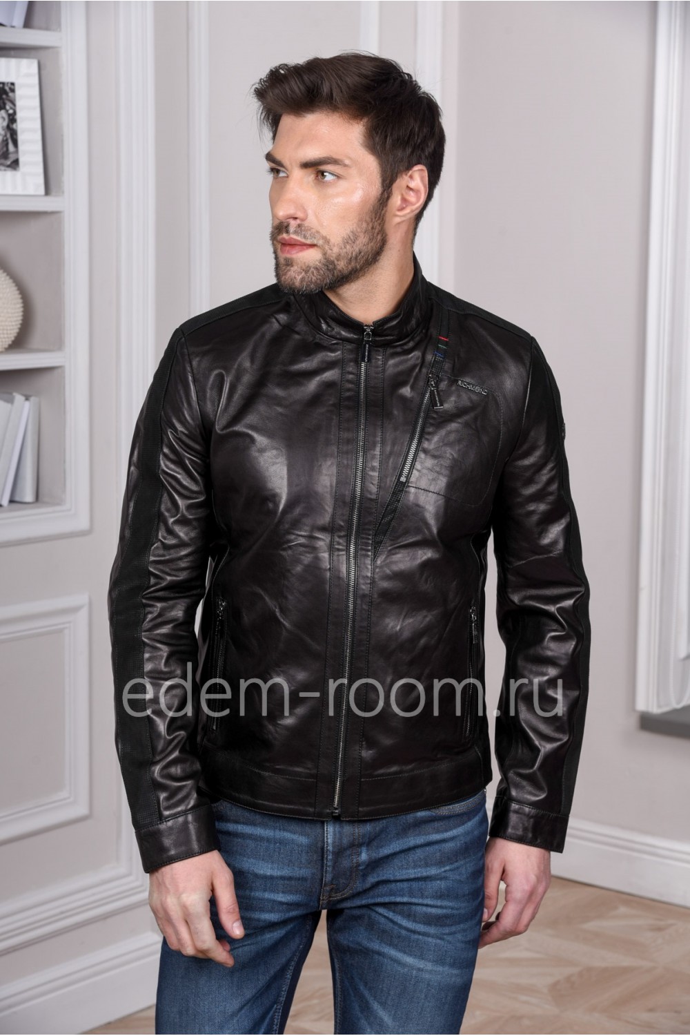 Модная мужская кожаная куртка, черный цвет - 2019