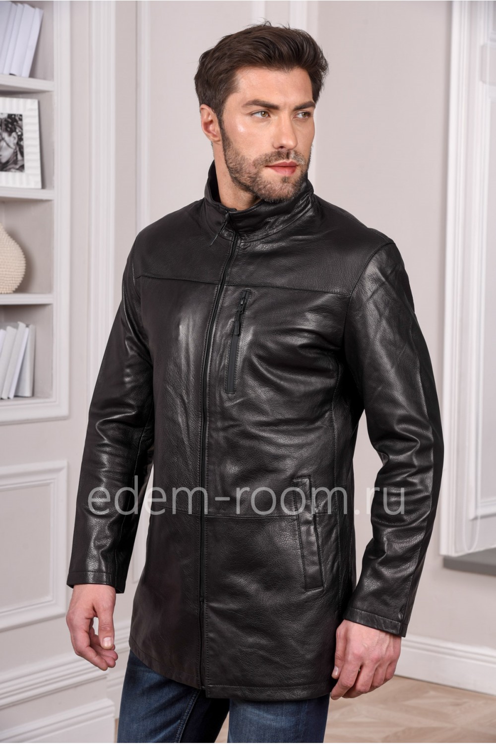 Мужская черная куртка кожаная удлиненная - натуральная кожа