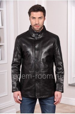 Мужская куртка из натуральной кожи черного цвета с пуговицами