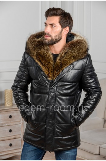 Зимняя мужская кожаная куртка с меховым капюшоном