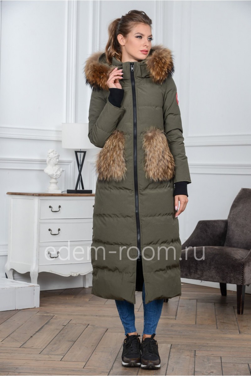 Удлинённый пуховик - пальто с мехом