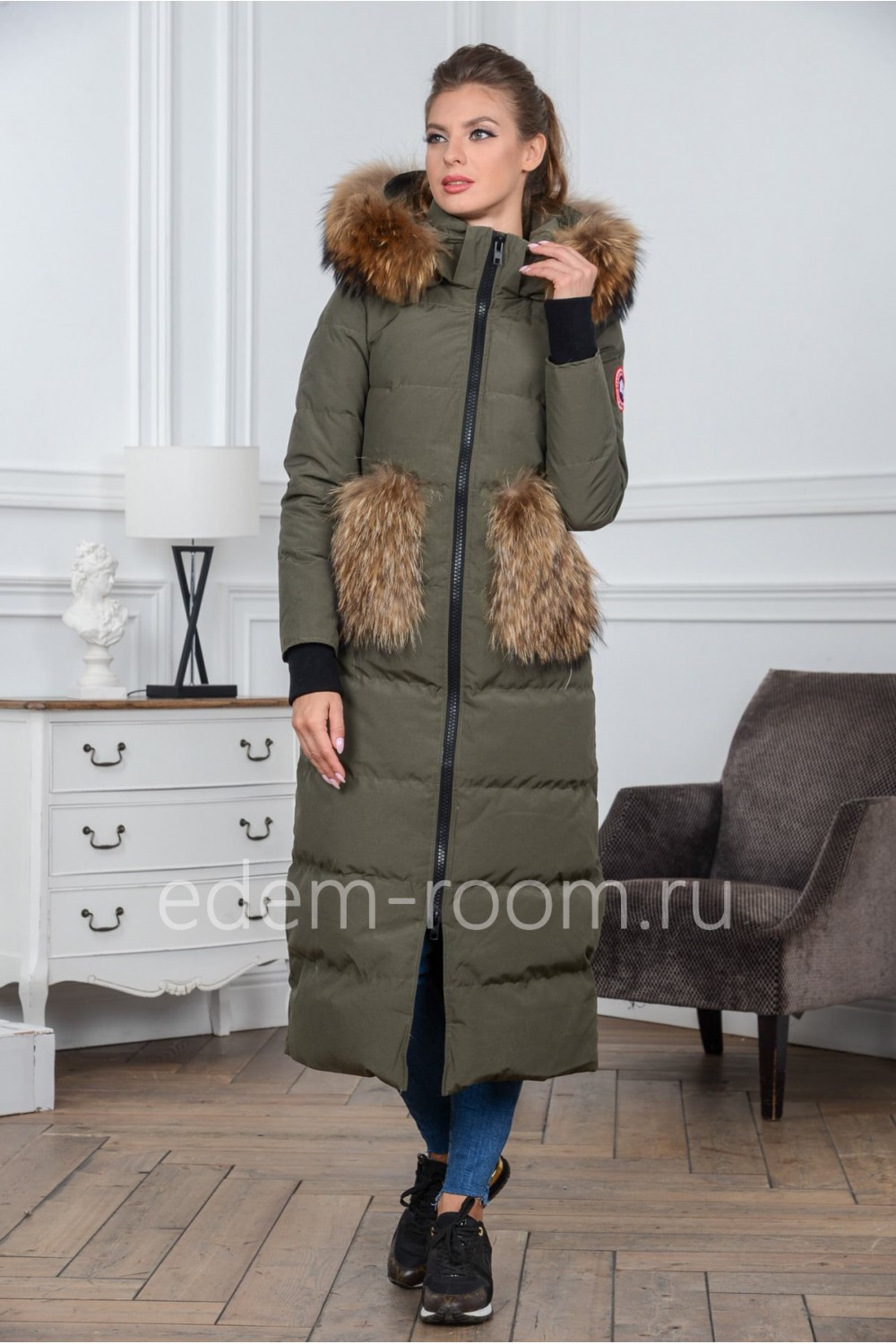 Удлинённый пуховик - пальто с мехом