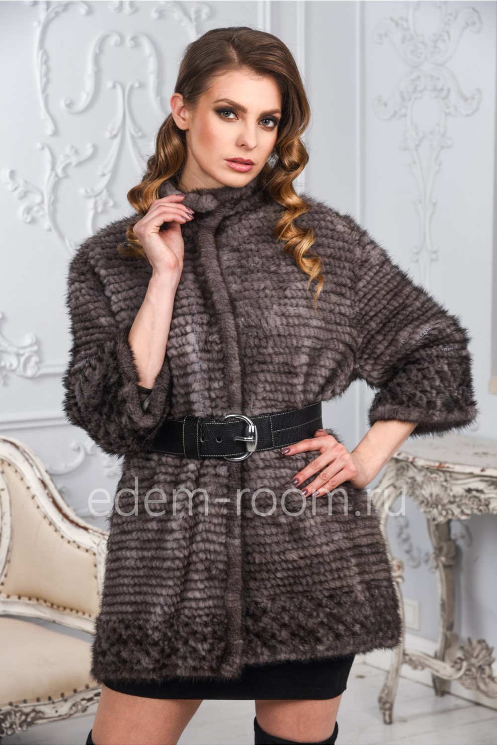 Красивое пальто из вязаной норки