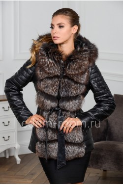 Кожаная куртка - жилетка из меха чернобурки с капюшоном