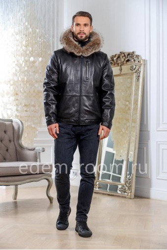 Зимняя мужская кожаная куртка -бомбер