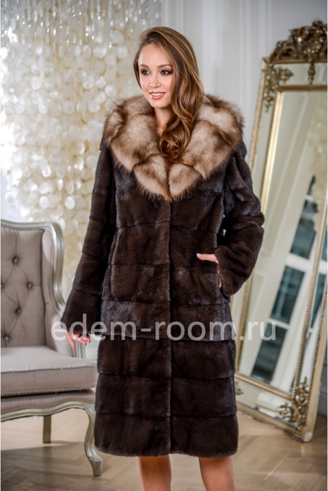 Новинка! Импортная шуба из норки с куницей и меховым капюшоном