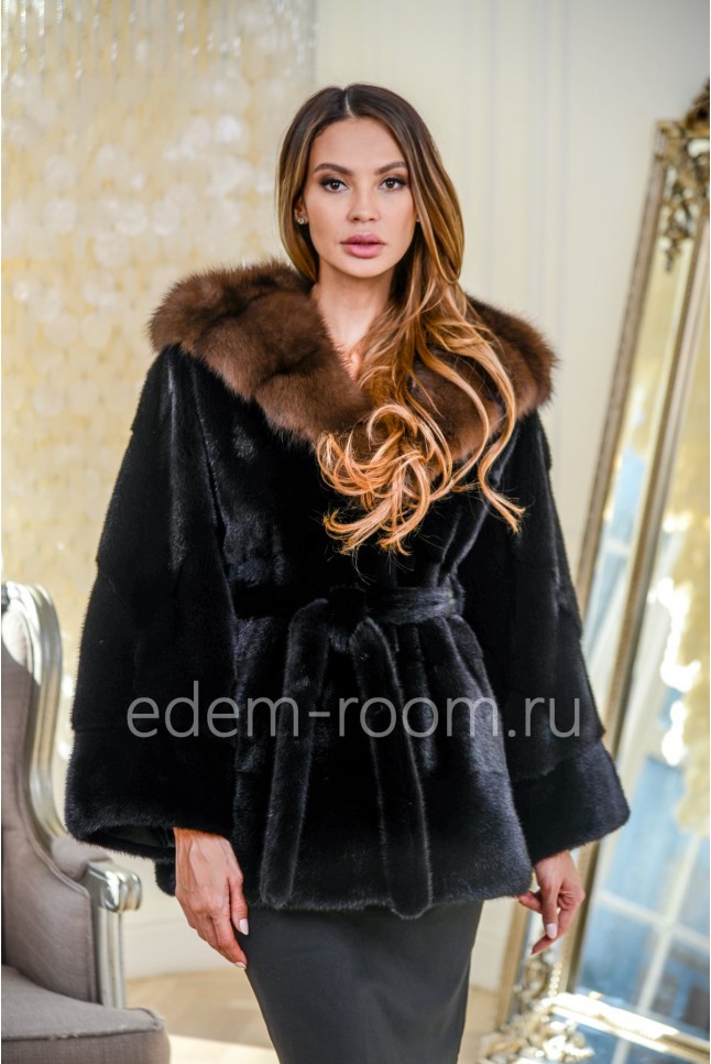 Норковое черное автоледи с капюшоном из куницы, укороченное