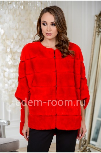 Красная куртка-пончо на молнии из кролика рекс