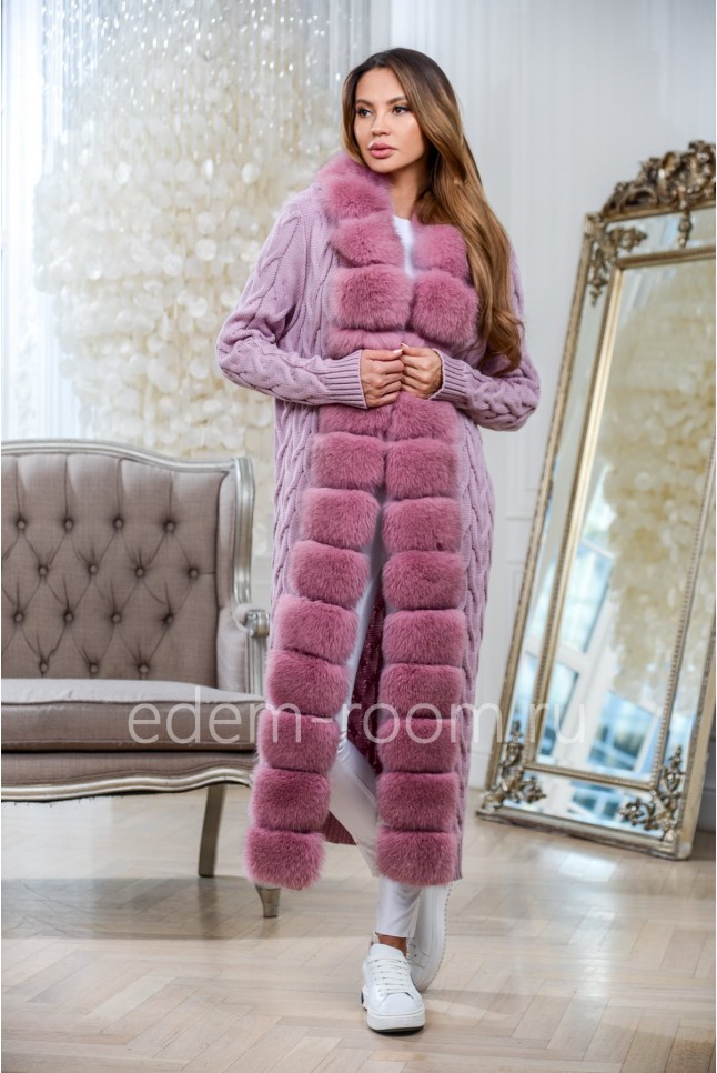 Удлинённое вязаный кардиганс мехом песца Удлинённое вязаный кардиганс мехом песца