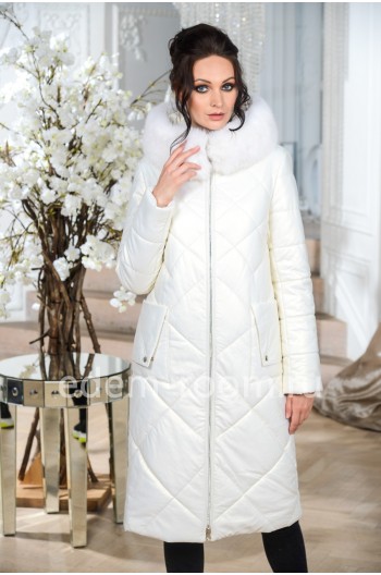 Белое пальто для зим из экокожи
