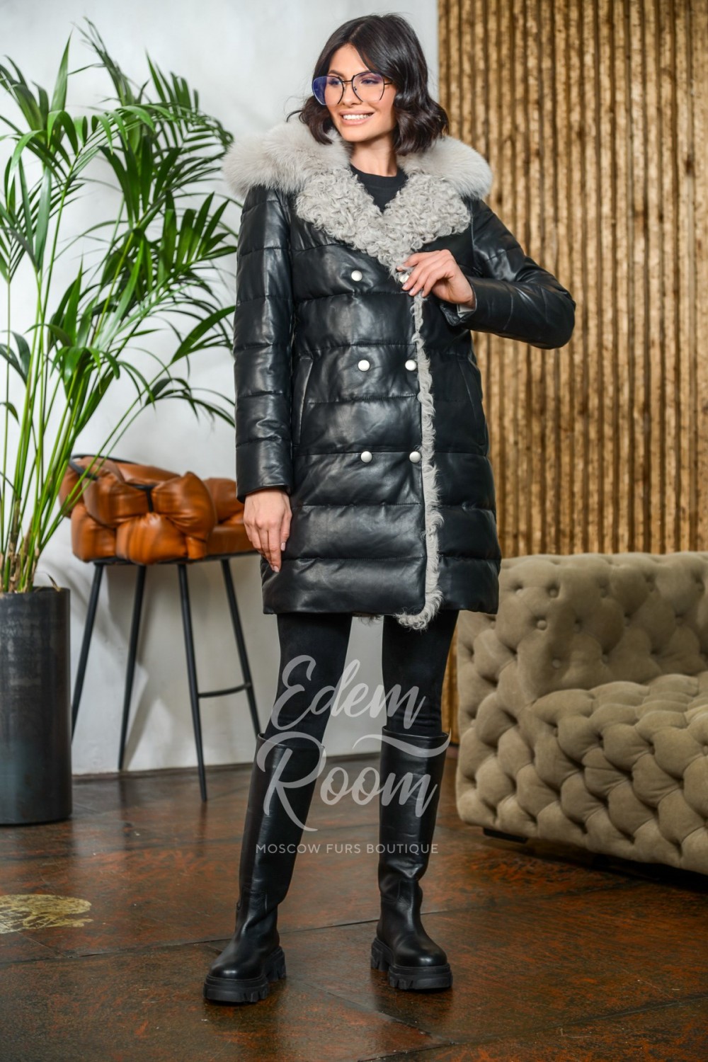 Утеплённое кожаное пальто с мехом