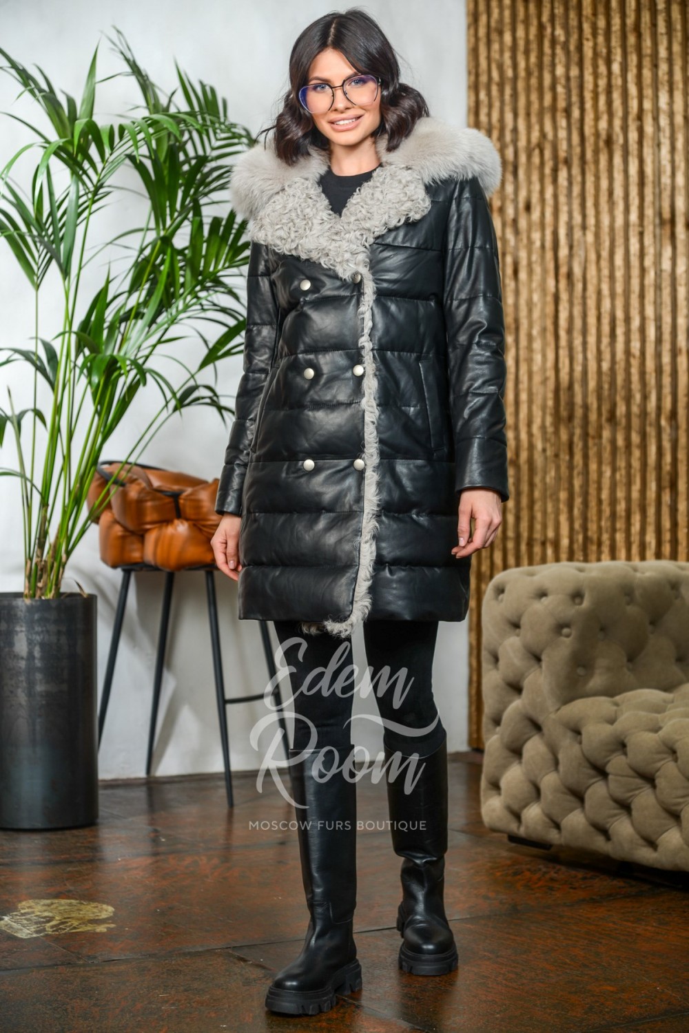 Утеплённое кожаное пальто с мехом