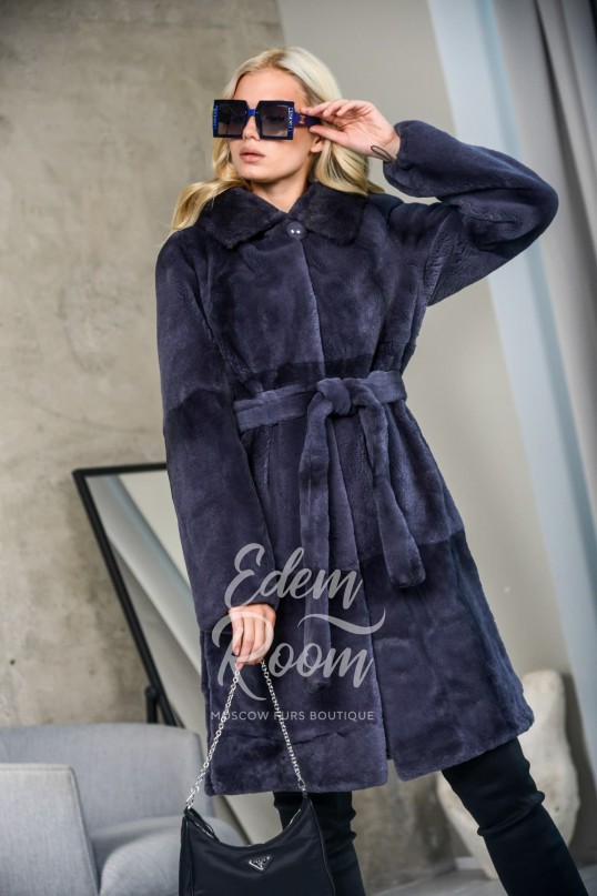 Шуба - халат с поясом из меха рекса