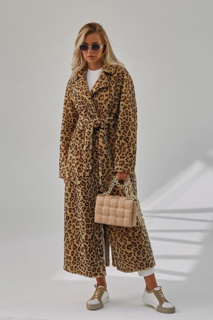Леопардовое пальто-шуба из тканной шерсти