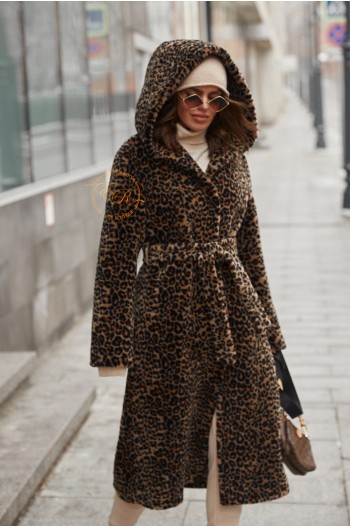 Леопардовое пальто с капюшоном из шерсти 