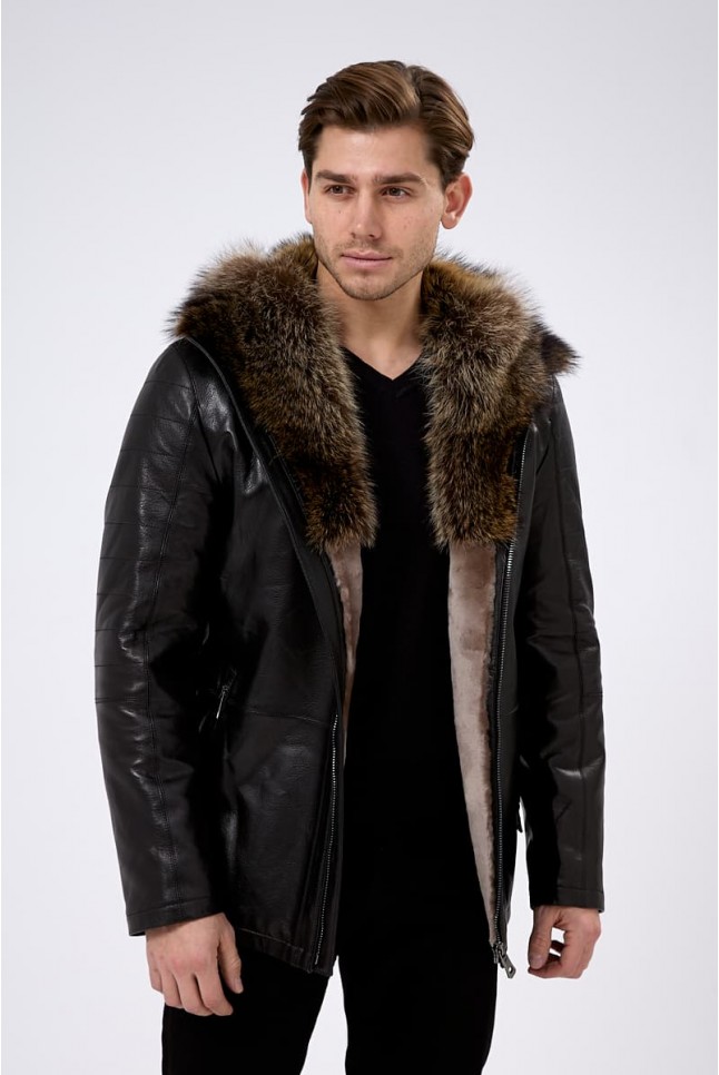 Дублёнка из кожи с меховым капюшоном Дублёнка из кожи с меховым капюшоном