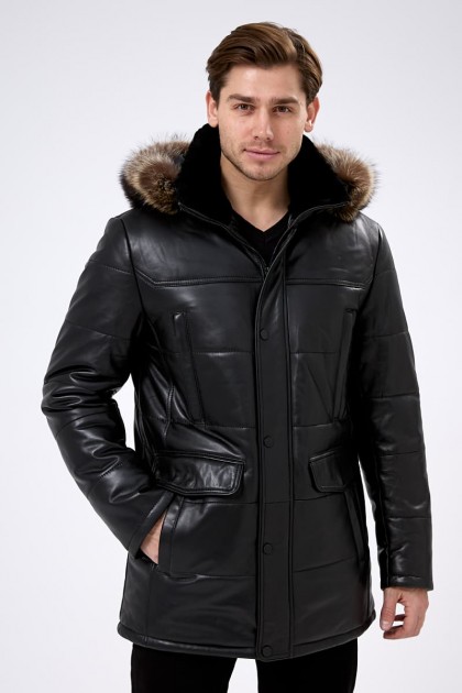 Чёрная зимняя кожаная куртка с капюшоном