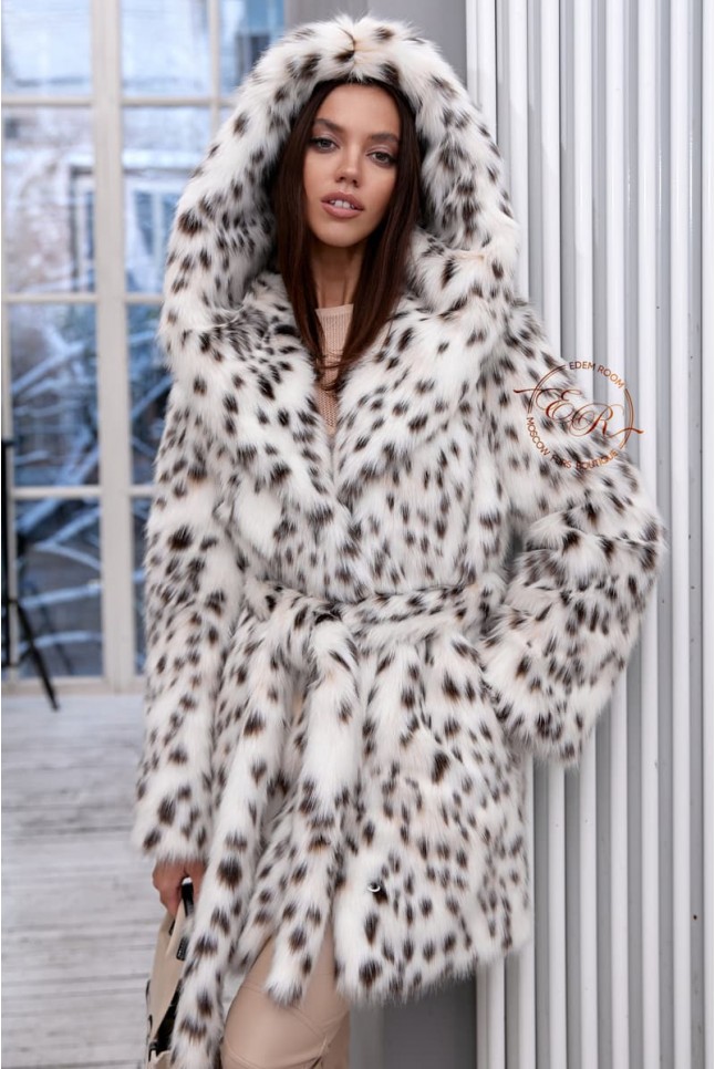 Шуба с поясом из искуственного меха под рысь