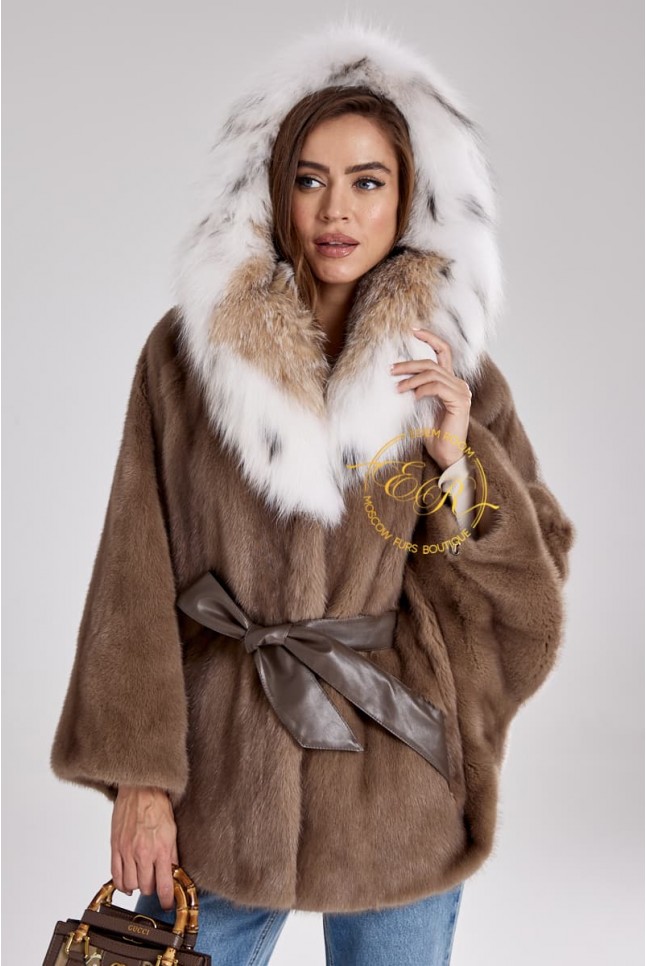 Норковое пончо капюшон из рыси