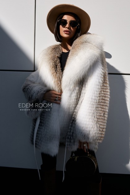 шуба - пончо из лисы с поясом