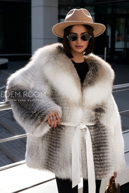 шуба - пончо из лисы с поясом