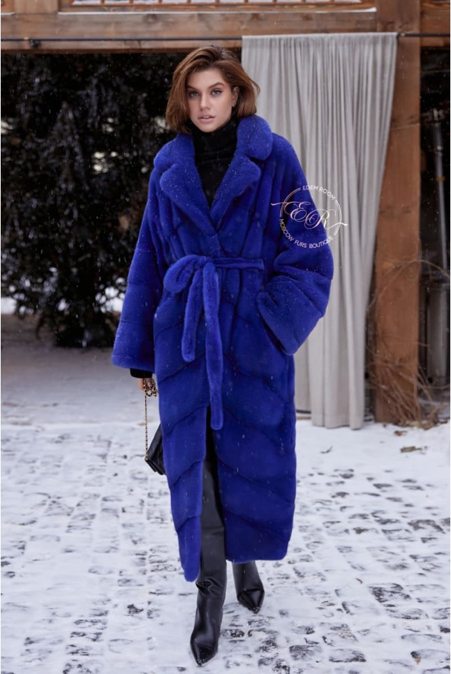 Синяя удлинённая норковая шуба