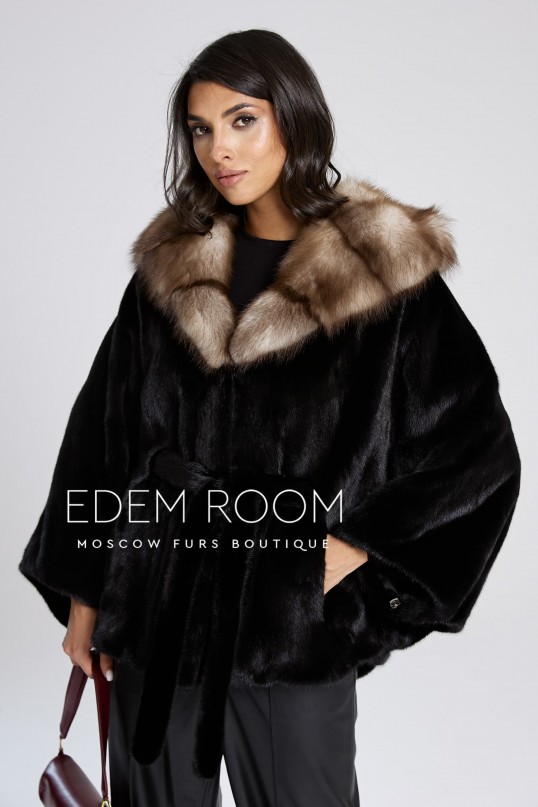 чёрное норковое пончо с капюшоном