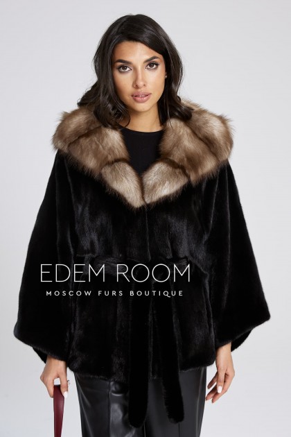 чёрное норковое пончо с капюшоном