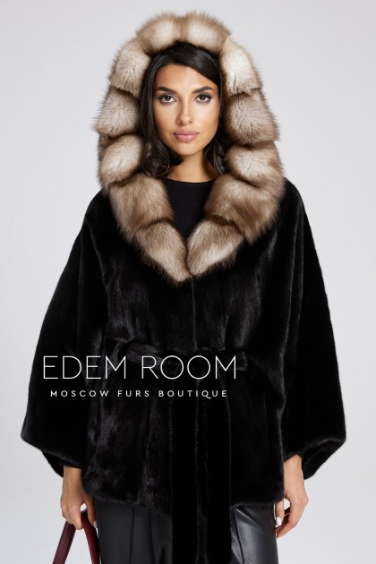 чёрное норковое пончо с капюшоном