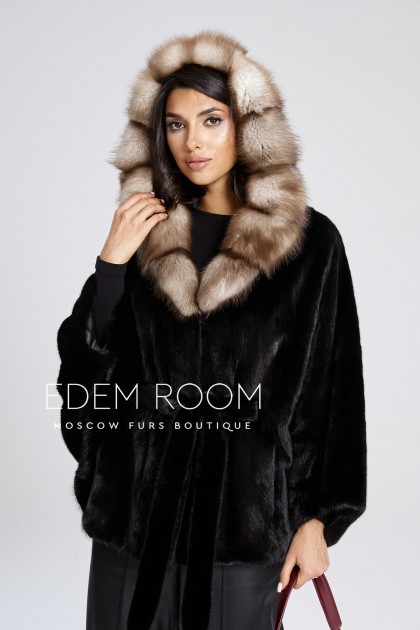 чёрное норковое пончо с капюшоном