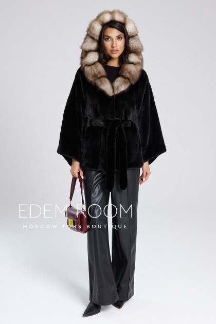 чёрное норковое пончо с капюшоном