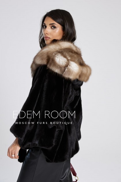 чёрное норковое пончо с капюшоном
