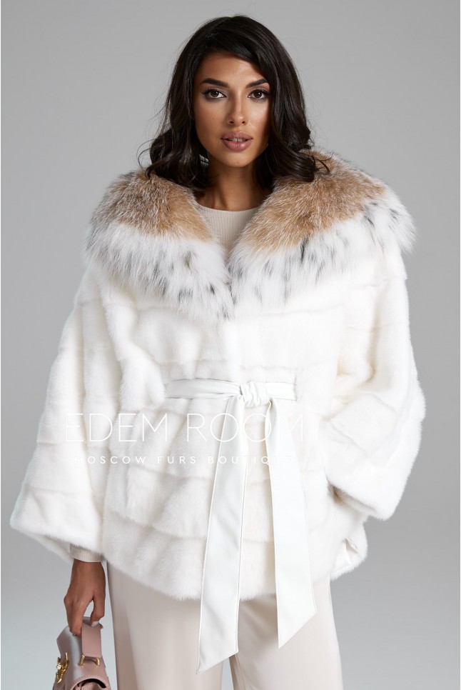 Белое норковое пончо с капюшоном из рыси Белое норковое пончо с капюшоном из рыси