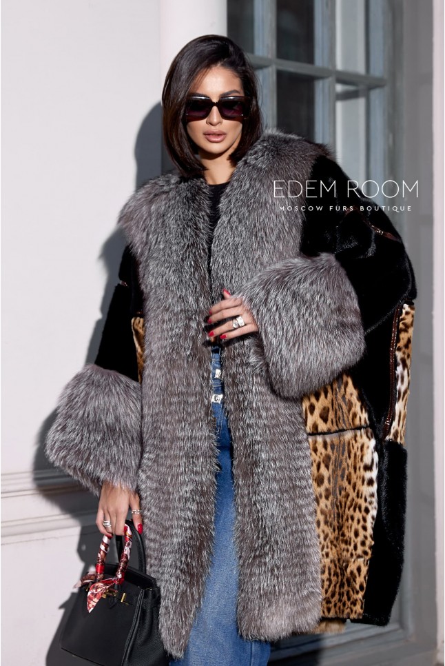 комбинированная шуба из норки чернобурой лисы и оцелота