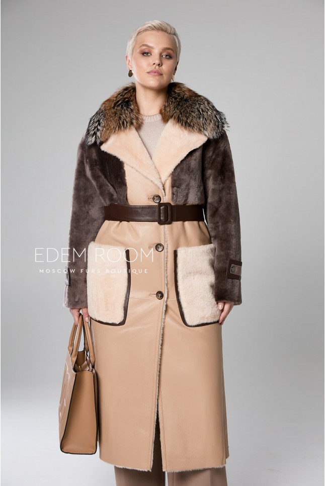 комбинированная дублёнка с меховым воротником