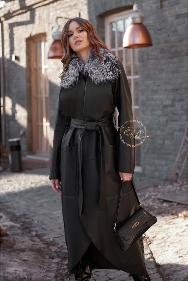 демисезонное кожаное пальто со съемным мехом