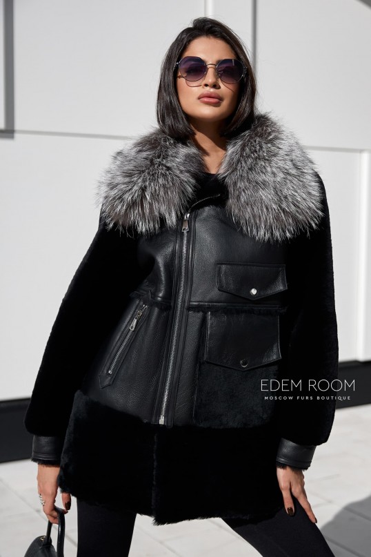 дублёнка черная с меховым воротником
