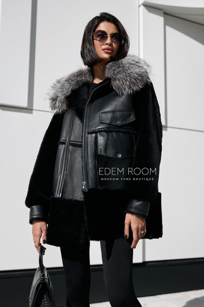 дублёнка черная с меховым воротником