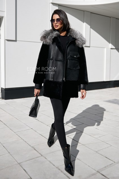 дублёнка черная с меховым воротником