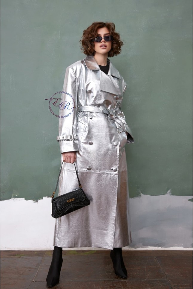 Серебристый кожаный тренч