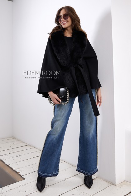 облегчённое пальто - пончо с мехом песца
