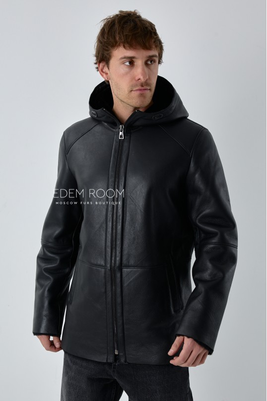 чёрная дублёнка с капюшоном чёрная дублёнка с капюшоном