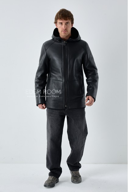 чёрная дублёнка с капюшоном чёрная дублёнка с капюшоном